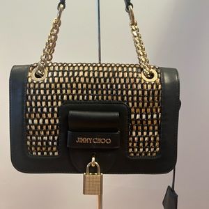 JIMMY CHOO Shoulder Bag Black Leather with Straw Detail Gorgeous lock/key 10”x7”